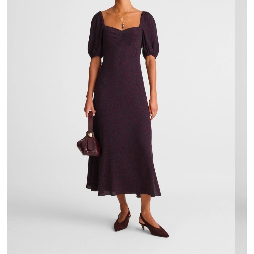 Madewell Dress Womens Size 10 Puff Sleeve Sweetheart Burgundy Navy Peasant Smock